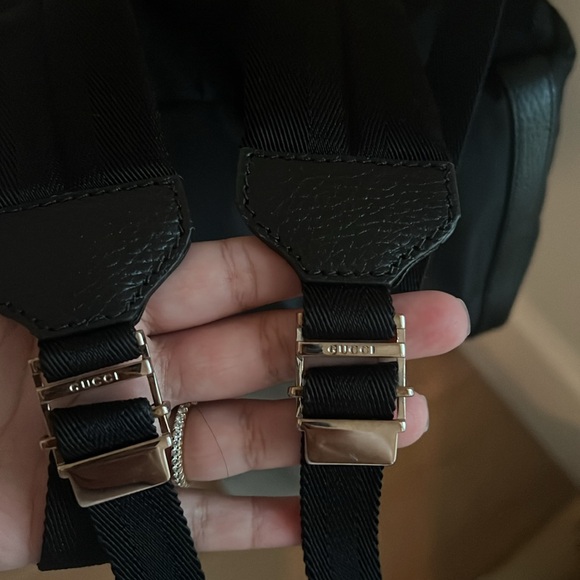 Gucci Authentic Blk GG Monogram Nylon Drawstring Backpack Leather Trim 510336 - Picture 11 of 16